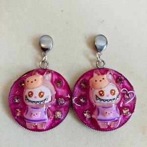 Handmade Kawaii “Labubu” Evil Bunny Dangle Pierced Earrings Push Backs